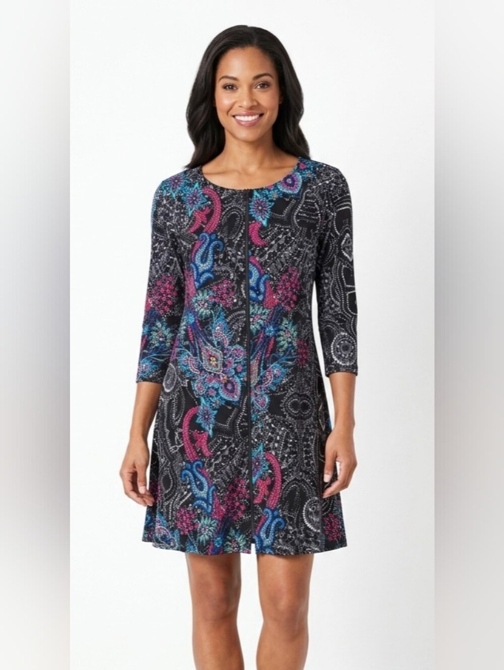 Jon Den Black Floral Paisley Fit-and-Flare Dress w Pink & Blue Accents Size S